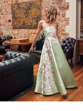 Strapless Mint Green Floral A-Line Evening Gown